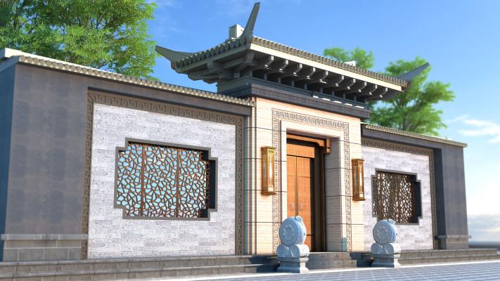 中式仿古建筑古建门头古建院墙3d模型下载【id:930095605】
