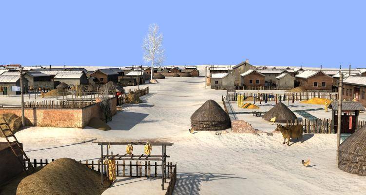 东北农村 雪天 雪地 牛 草堆 玉米棒 农具 古建 场景 农民房3d模型