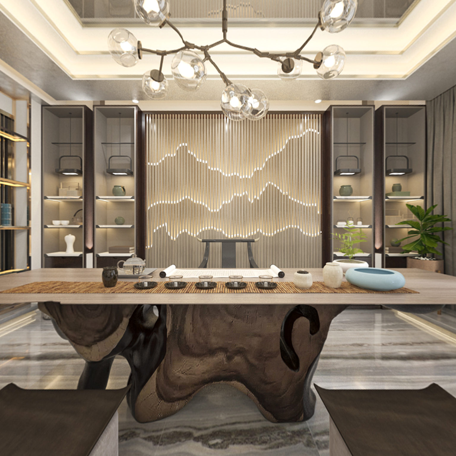 新中式宴会厅3d模型下载【id:483597417】