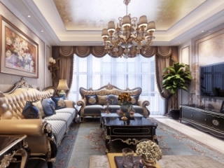 欧式客厅餐厅全景3d模型【ID:131220136】