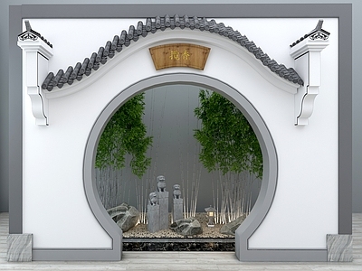 新中式徽派马头墙大门 古建景观墙 景观小品 园艺小吕 竹子 石头 雕塑