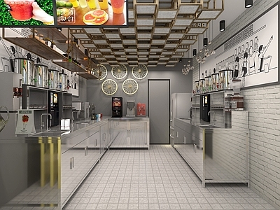 北欧奶茶店设备 咖啡机 开水机 制冰机 冰柜 操作台 不锈钢 北欧 备餐区 双层