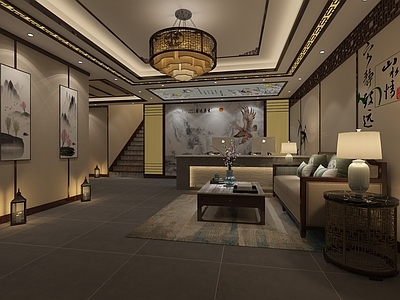 中式足疗店 前台 吧台 沙发 楼梯 按摩床 足浴盆 绿植 背景墙 椅子3d
