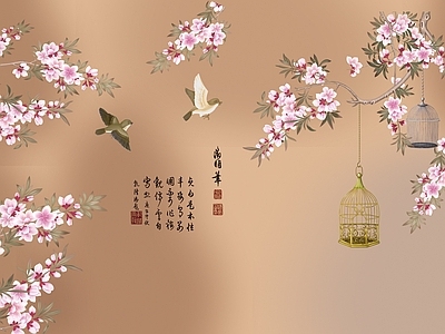 新中式花鸟壁纸  背景墙壁纸 中式壁画