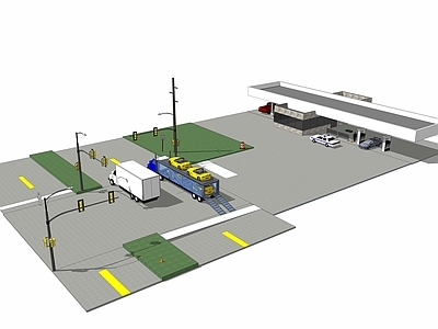 现代风格加油站 加气站 充电站 汽车 遮阳棚 消防设施 跑车 便利店 货车 小公建