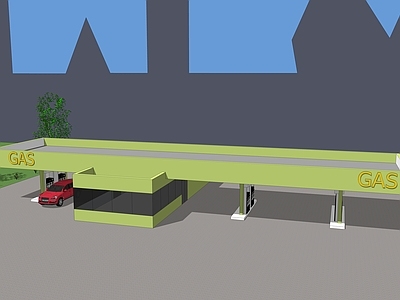 现代风格加油站 加气站 充电站 消防设施 树 便利店 货车 小公建