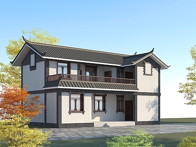 中式独栋别墅 农村中式民房 青瓦白墙3d模型