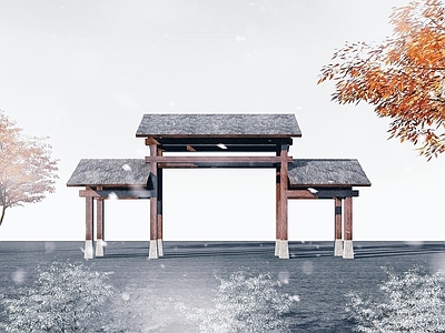 现代茅草顶牌坊 山庄大门3d模型