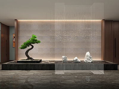 新中式迎客松 室内景观小品 水池3d模型