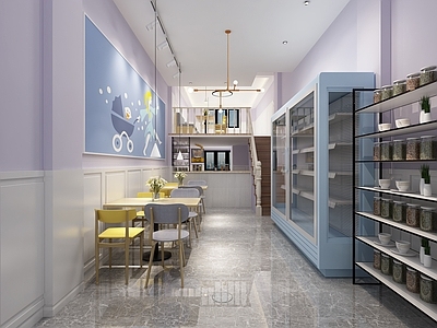 北欧饮品店 奶茶店 冰柜 餐桌椅