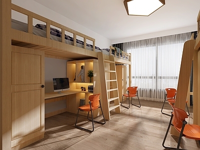 北欧学生宿舍 上铺下桌 木质床3d模型