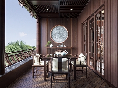 新中式客厅阳台3d模型