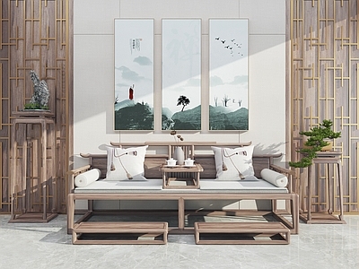 新中式罗汉床 花架 摆件 盆栽 挂画3d模型