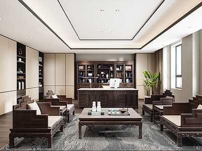 新中式董事长办公室 红木办公桌 红木柜子 红木泡茶桌椅组合3d模型