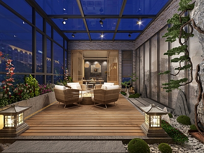 现代屋顶花园 阳光房 茶室 景观3d模型