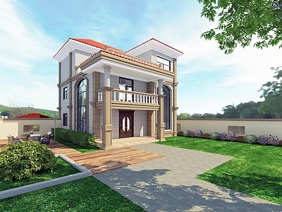 简欧别墅 外立面 农村自建房 别墅花园3d模型