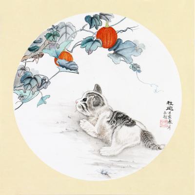 新中式屏风禅意画 手工布艺 不透油画布 半透 圆形水画 高清材质 中式水画