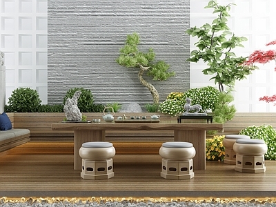 新中式阳台庭院 景观小品3d模型