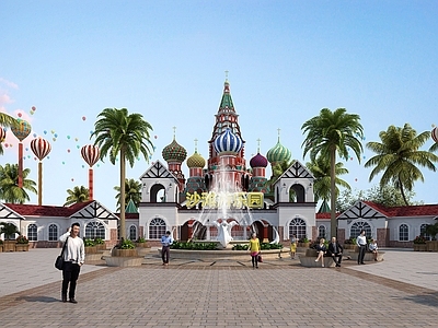 美式游乐场大门 入口 水上乐园 景观 马路 花坛3d模型