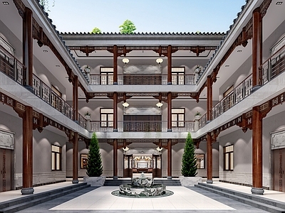 中式居家庭院 四合院 柱子 植物 屋檐 梁柱3d模型