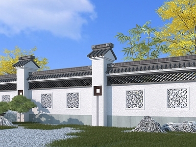 中式围墙 景观墙 青瓦白墙3d模型