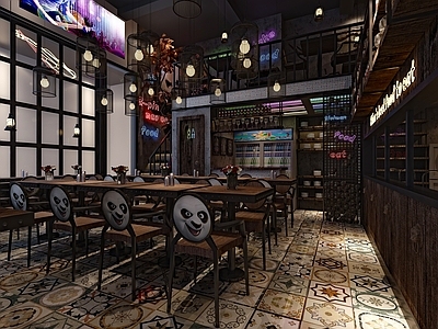 工业风西餐厅 餐桌 餐椅 吊灯 吧台 酒柜 冰柜