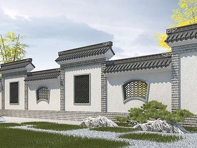 中式围墙 园林景观墙 青瓦白墙 徽派围墙3d模型