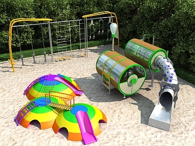 现代游乐场设备 组合滑梯 翻斗乐 儿童拓展 沙坑3d模型