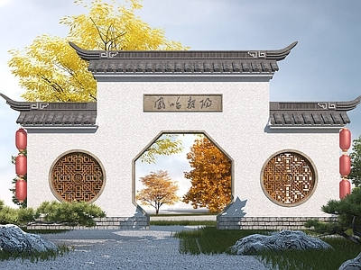 中式影壁墙 照壁 景观大门 月洞门 园林门洞 景墙 马头墙 景观小品3d
