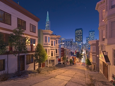 欧式古典欧式街景 街道 行道树 建筑 房屋 别墅 夜景3d模型