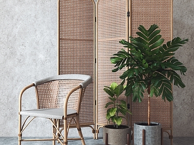侘寂风休闲藤椅组合 藤编椅子 藤编屏风隔断 植物盆栽3d模型