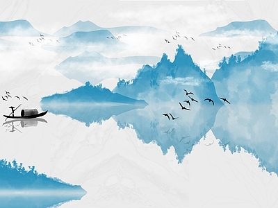 壁画 布纹 海浪高清电视背景墙贴图 新中式水墨花鸟电视背景墙墙纸