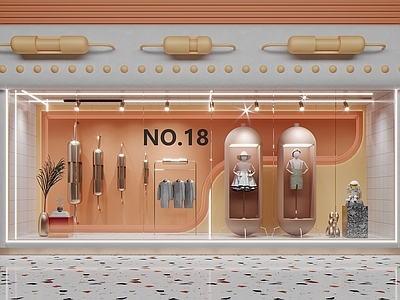 现代服装店橱窗 美陈 外立面门面招牌 儿童模特 绿植 轨道射灯 雕塑