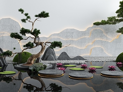 新中式园林景观小品 枯山水石 荷叶荷花3d模型