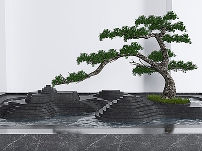 新中式假山水池景观小品 迎客松3d模型