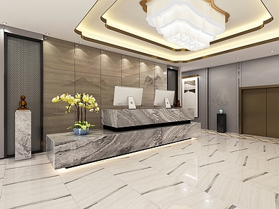 现代酒店大堂 前台 前台背景 吊顶3d模型