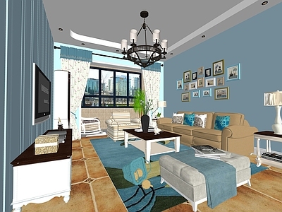 地中海家居客厅 沙发茶几 吊灯 照片墙 电视柜