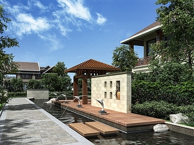 现代别墅 景观 小景 庭院 园林 小品 水池 景观墙 树 灌木3d模型