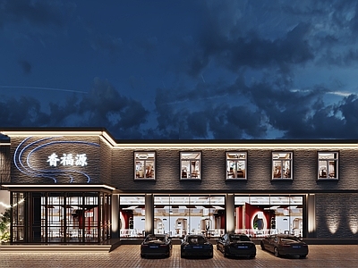 现代中式餐厅门头门面 夜景3d模型