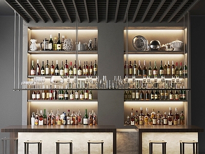 现代吧台 椅子餐具 酒杯 威士忌 伏特加 啤酒 工装 餐厅吧台 酒吧台