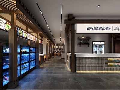 新中式中餐厅 明档 走到 吧台3d模型