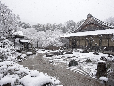 冬季日式庭院外景图 公园 园林 枯水 雪景