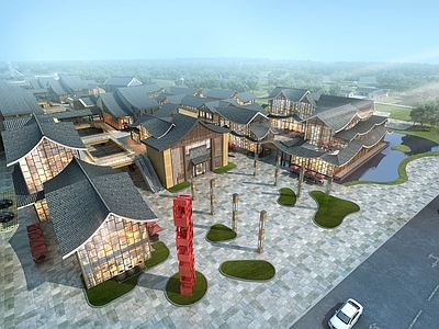 新中式仿古建筑 商业街广场 商场 商业街内廷 道路景观 商业街景观3d