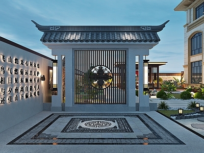 中式别墅庭院 景观小品 亭子 迎宾墙 水景3d模型