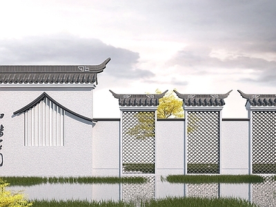 中式镂空景墙 影壁墙 造型墙 马头墙 瓦拼 围墙 景观小品3d模型