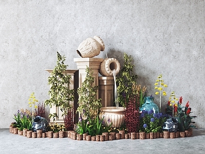 简欧园艺景观小品 植物水景 绿植盆栽 陶罐3d模型