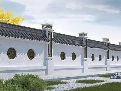 中式围墙景墙 园林景观墙 青瓦白墙 古建围墙 围栏 园林景观小品