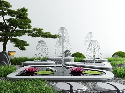 新中式喷泉 景观小品 松树3d模型