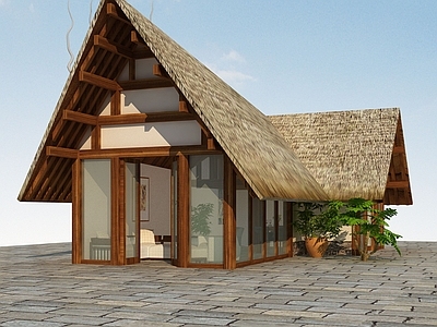 新中式景观房 木房子 茅草房3d模型