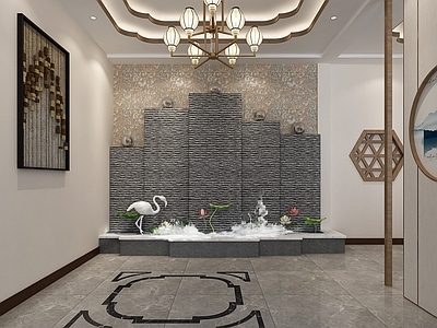 新中式酒店玄关过道 假山水池 室内水系3d模型